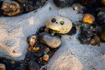 Pebbles on a beach, resembling a person