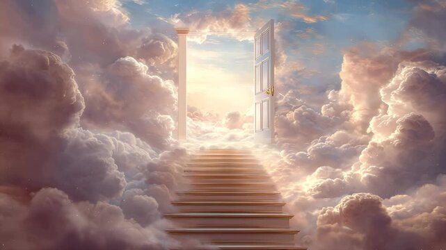 Stairway to heaven with open door through white clouds in blue sky background. Success, religion and achievement concept. Stairs to the heavenly light.