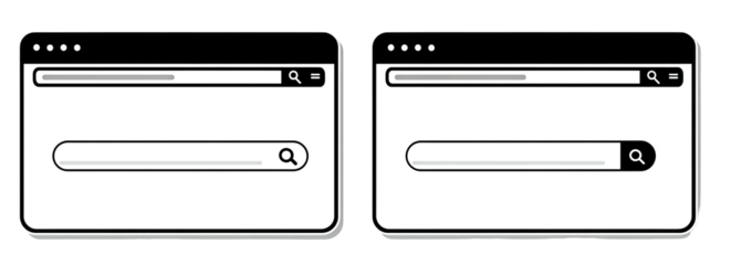 Two simplified interface designs in a grayscale, featuring search bars. They are clean and minimal