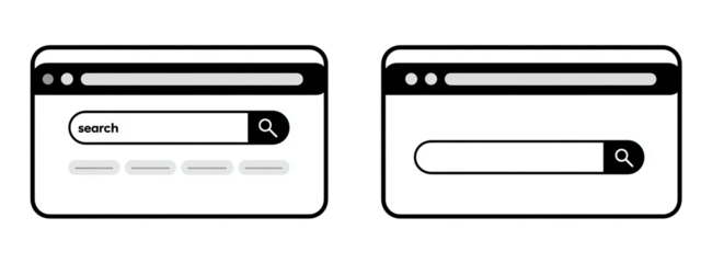 Two monochrome illustrations showing a web browser with a search bar. One pre-filled