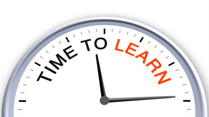 Time to learn concept illustrated on a clock, symbolizing knowledge, education, curiosity, growth, and focus, highlighting the daily routine of study, skill development, and personal improvement