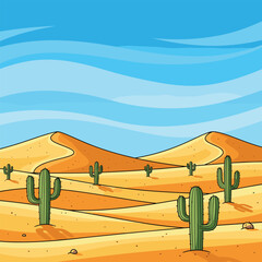 Fototapeta premium Pixel art desert landscape with cacti and sand dunes under a blue sky.