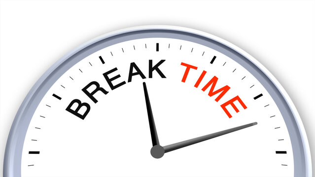 Break time concept illustrated on a clock, symbolizing pause, relaxation, rest, recharge, and daily routine, capturing the essence of taking a mindful moment to refresh and reset