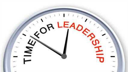 Time for leadership concept illustrated on a clock, symbolizing guidance, decision-making, responsibility, influence, productivity, and strategy, with a clean minimal illustrative design