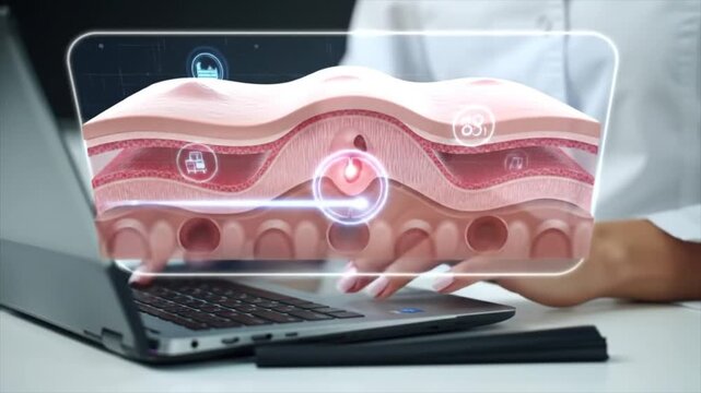 Dermatologist using a holographic AI scanner for a virtual skin exam. 