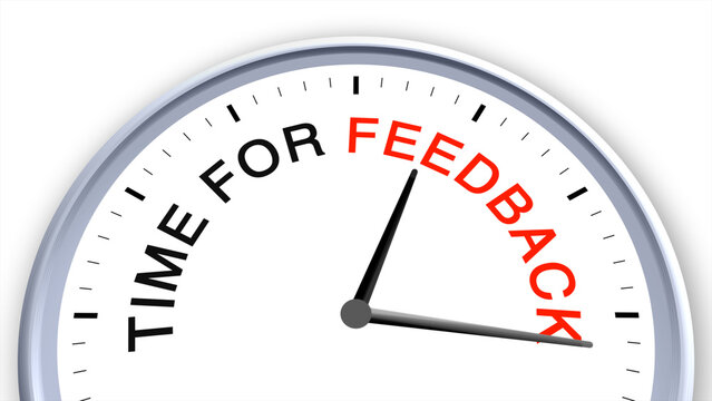 Time for feedback concept illustrated on a clock, symbolizing evaluation, communication, assessment, guidance, productivity, and task management, with a clean minimal illustrative design