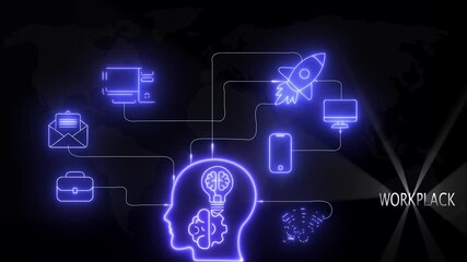 human brain, thinking about technology, Digital workplace concept with world map and business data visualization black background.. - Powered by Adobe