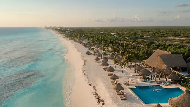 Aerial view of a tropical beach resort with white sand and turquoise water at dusk