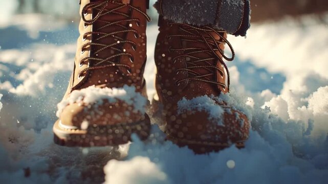 Feet in Warm Boots Stepping into Deep Snow &mdash; Close-Up