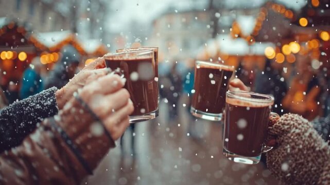 Friends Clinking Hot Chocolate Mugs at Snowy Christmas Market
