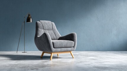 Modern gray armchair next to stylish lamp against a textured wall