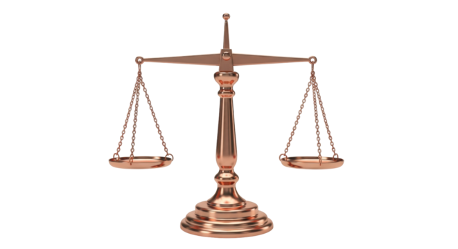 Isolated bronze scale of justice statue for law and legal balance and fair judgment decision