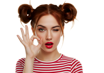 Red-haired woman winks and gives the ok gesture with her hand, expressing happiness