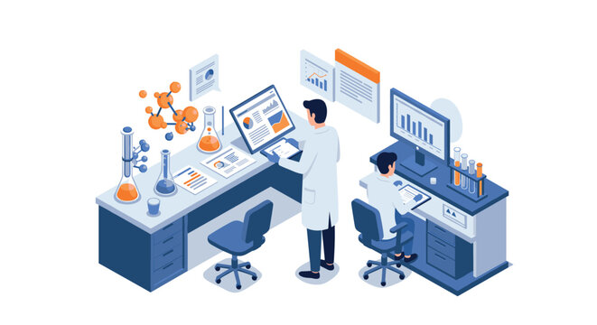 Isometric laboratory scene with scientists analyzing data and research equipment