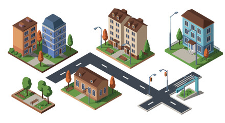 Charming isometric neighborhood with diverse city buildings and streetscape