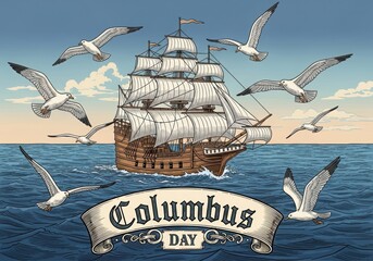 Illustration of columbus day, a ship and seagulls isolated on white background