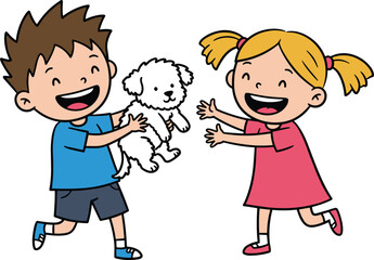 Cartoon Children Playing Happily with Small White Dog in Fun Pet Interaction Vector Illustration for Kids Content
