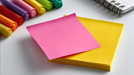 Blank Pink and Yellow Sticky Notes Stacked on White Desk with Colorful Rainbow Markers and Spiral Notebook for Organization, Brainstorming, and Creative Planning