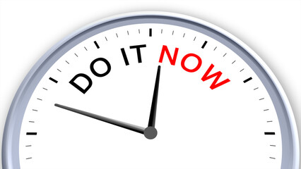 Do it now concept illustrated on a clock, symbolizing urgency, action, productivity, focus, and decision-making, capturing the importance of taking immediate steps with a clean minimal design