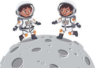 Cartoon Children Astronauts Standing on Moon Surface in Space Suits for Educational and Adventure Vector Illustration Design