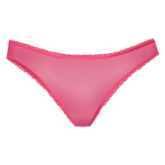 A delicate pink bikini bottom, isolated on transparent background, featuring a lowrise cut and intricate lace trim, ideal for stylish swimwear and intimate apparel