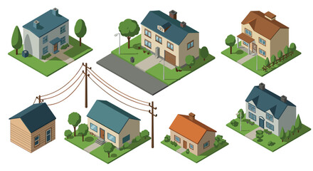Isometric suburban houses collection with lush greenery and detailed architecture