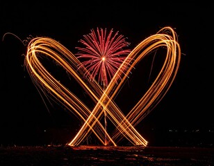 Heart Shaped Light Painting with Fireworks Display.