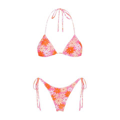A vibrant orange and pink floral print bikini with a halter neck top and tieside bottoms, isolated on transparent background