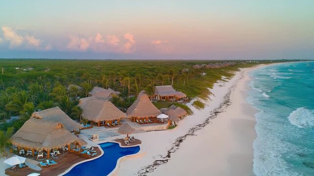 Aerial view of a tropical seaside resort with thatched-roof huts at sunrise