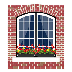 window with balcony flowers on brick wall, traditional for Holland or Germany, is made in flat style and highlighted on white background. traditional Dutch window, detail of national Dutch house. stoc