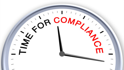 Time for compliance concept illustrated on a clock, symbolizing rules, regulations, adherence, productivity, and organization, capturing the importance of following protocols with a clean minimal