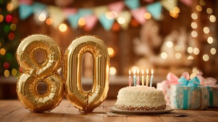 Joyful image of an 80th birthday party, focusing on large gold '80' balloons, with a candle-lit cake and colorful bokeh lights in the background.