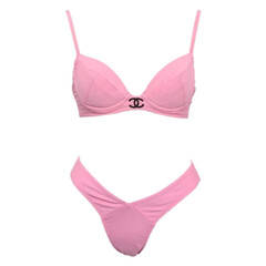 A stylish pink bikini set featuring a pushup bra top with a decorative cc logo detail and a matching highwaisted bottom, isolated on a transparent background, embodying chic beach fashion