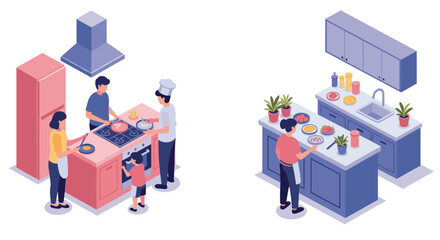 Isometric family cooking scenes in modern kitchen
