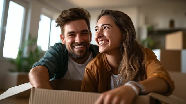 Happy Couple Playing with Dog in Cardboard Box After Moving into New Home Laughter and Playful Interactions with Box Edges and Pet Toys Scattered Bright Rooms with Fresh Unpacked