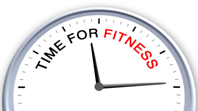 Time for fitness concept illustrated on a clock, symbolizing exercise, health, wellness, activity, and routine, capturing the importance of dedicating time to stay fit with a clean minimal design