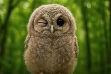 Obraz premium Cute owl winking in forest