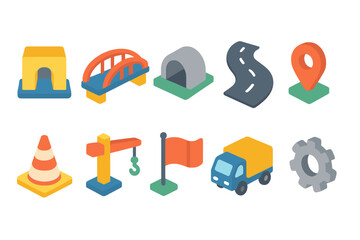 Obraz premium Transportation 3d icon set. Roads, bridges, and vehicles in 3d style