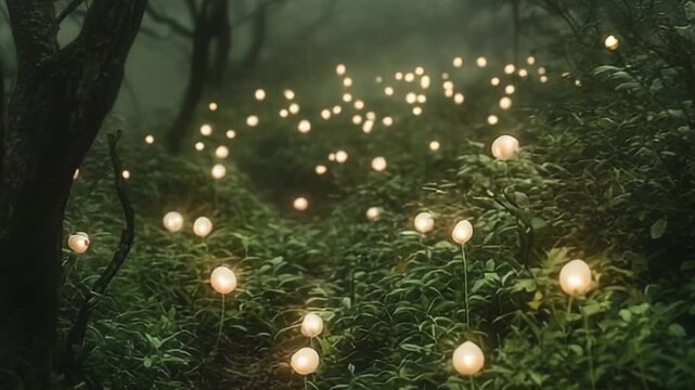 Magical glowing orbs on thin stems illuminate a mysterious path in a dark forest