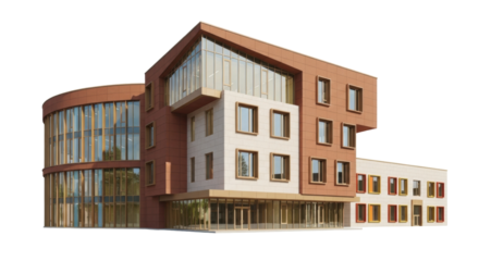 Isolated modern architectural building, exterior view with brown, glass, and stone textures