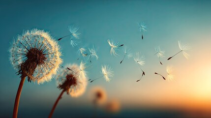 Obraz premium Dandelion seeds blowing in the wind against a vibrant sunset sky background