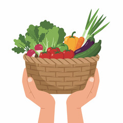 Flat Illustration Hand Holding Wicker Basket Filled with Fresh Vegetables