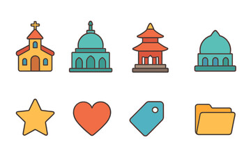 Fototapeta premium Religion and culture flat icon set for temples, faith, tradition, and worship symbols