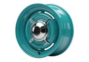 Isolated teal-colored car wheel with metal hub for classic automobile customization service