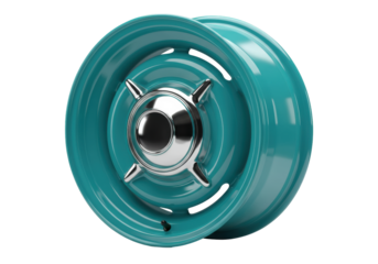 Isolated teal-colored car wheel with metal hub for classic automobile customization service