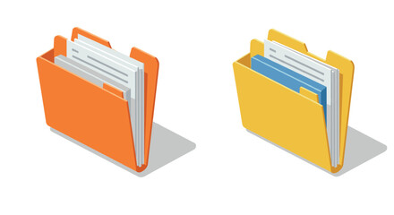 Isometric office folders: organized documents in orange and yellow