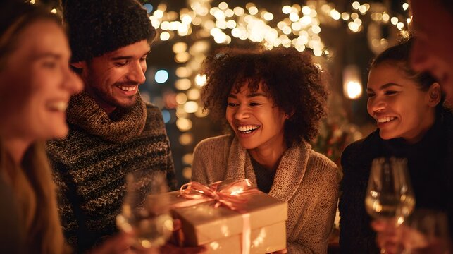 Friends exchanging gifts and celebrating a special occasion together