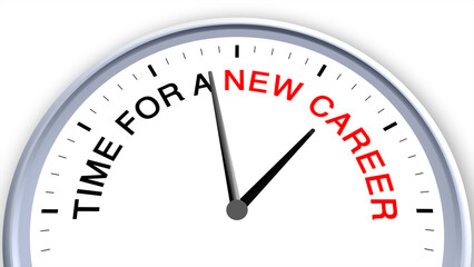 Time for a new career concept illustrated on a clock, symbolizing opportunity, growth, ambition, planning, and progress, capturing the importance of career transitions with a clean minimal design