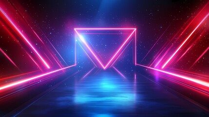 Futuristic neon-lit corridor with glowing triangular shapes and reflective floor under starry sky