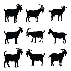 Goat Silhouettes Icon Set Isolated on Black Colour